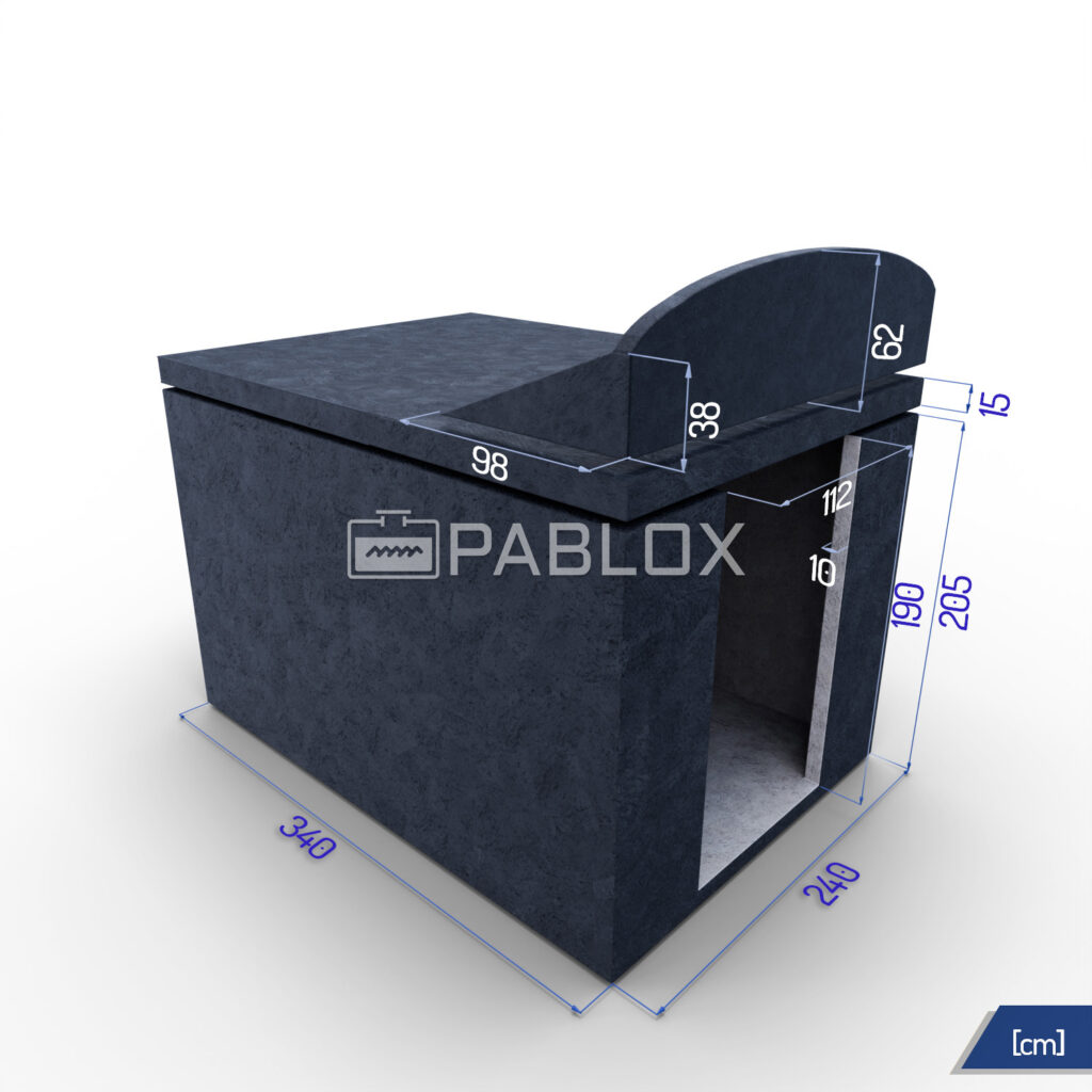 Modulární betonový sklep 340 × 240 × 220 - boční vstup s opěrnou zdí