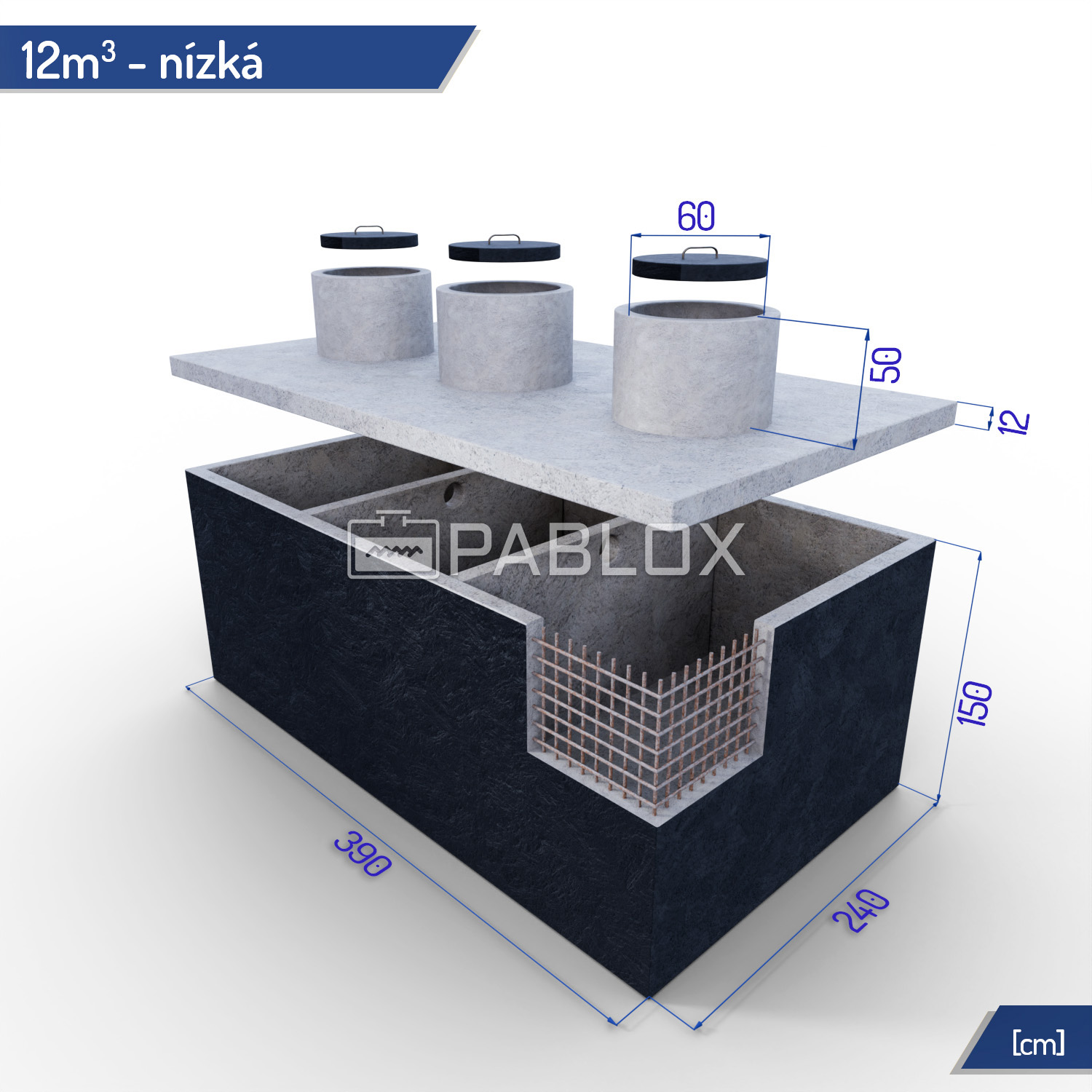 Tříkomorová betonová žumpa 12 m³ - nízká